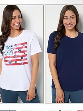 Denim & Co 2 pack Women's Short Sleeve Crewneck Tee - White Flag Print / Navy